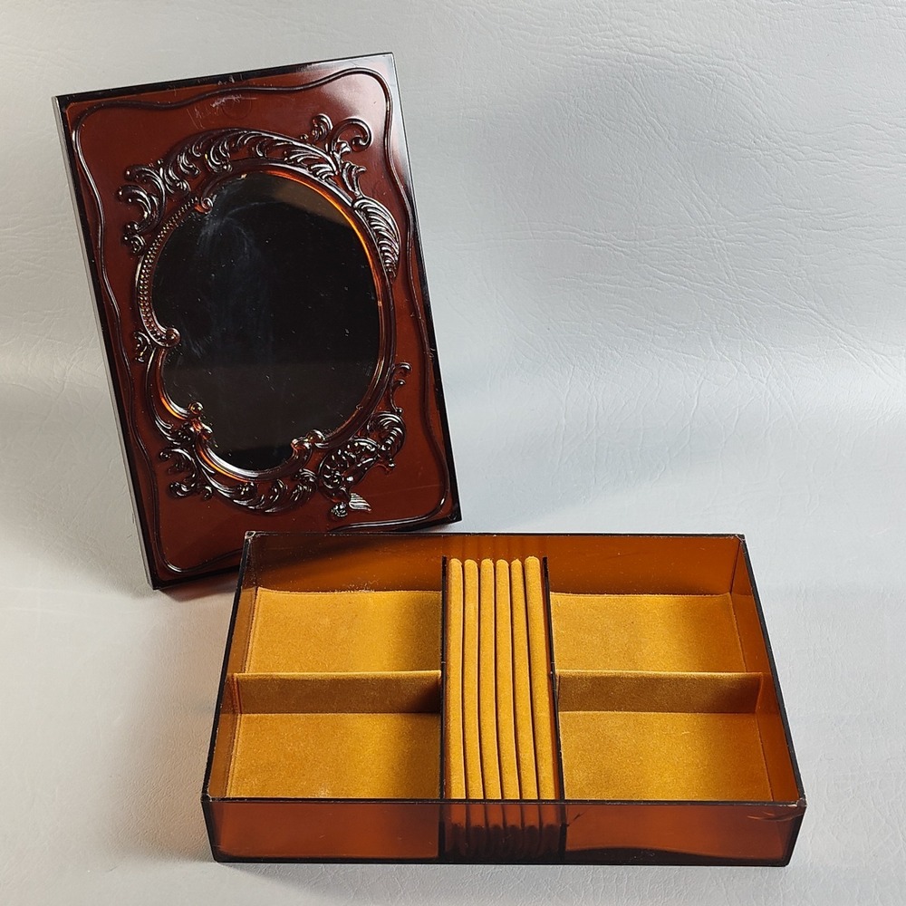 Vintage MCM Vanity Jewelry Box With Freestanding Mirror Frame Lid Amber